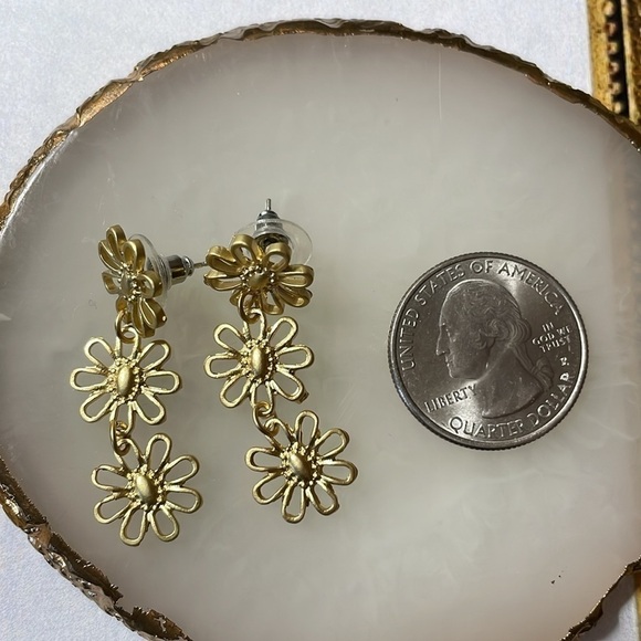 Dainty Elegant Gold Trio Flower Dangle Earrings - Picture 7 of 10